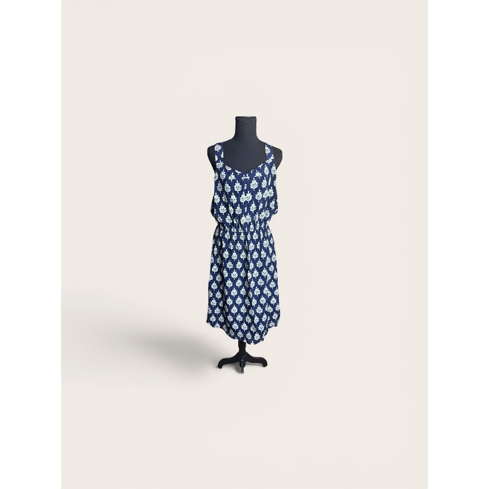 Boho Lucky Brand Navy Blue White Block Print Feminine Sleeveless Mini Dress